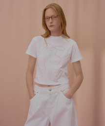 ウェーブパールリボンクロップ半袖Tシャツホワイト