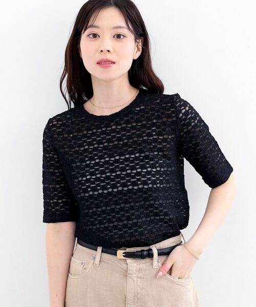 le.coeur blanc（ルクールブラン）の「《WEB限定アイテム》ストレッチレースハーフスリーブプルオーバー（Tシャツ/カットソー・レディース・オフホワイト/ブラック・38）」の4枚目の写真