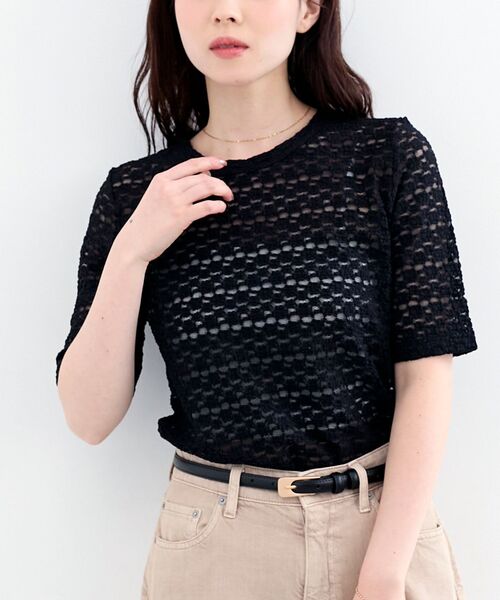 le.coeur blanc（ルクールブラン）の「《WEB限定アイテム》ストレッチレースハーフスリーブプルオーバー（Tシャツ/カットソー・レディース・オフホワイト/ブラック・38）」の6枚目の写真