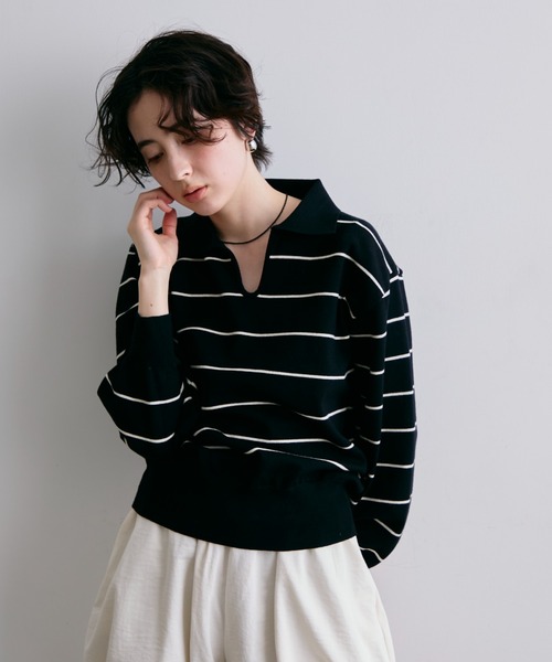 Trish(トリッシュ)の「スキッパーボーダーニット(Tシャツ/カットソー・レディース・ホワイト/ブラック・FREE)」の13枚目の写真