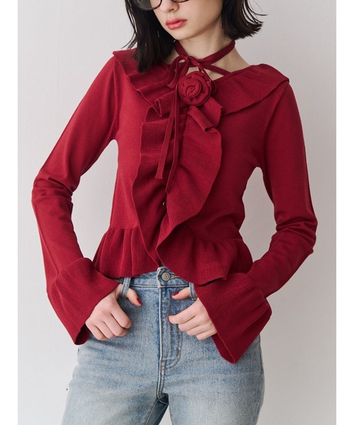 jouetie（ジュエティ）の「ラッフルフリルコサージュニット（ニット/セーター・レディース・ブラック/ブルー/ボルドー・MEDIUM）」の3枚目の写真