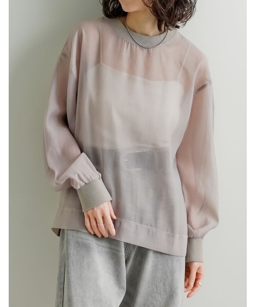 Re:EDIT（リエディ）の「[2026S/S COLLECTION]ソフトオーガンジーアウトステッチシアーリブプルオーバー（Tシャツ/カットソー・レディース・グレイッシュベージュ/アイボリー/ブラック・LARGE/MEDIUM）」の3枚目の写真