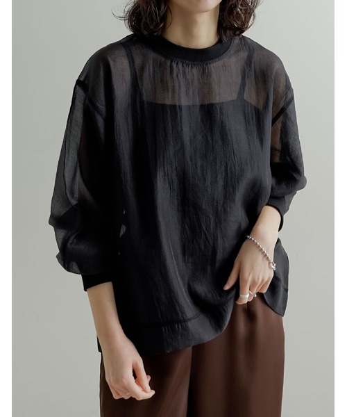 Re:EDIT（リエディ）の「[2026S/S COLLECTION]ソフトオーガンジーアウトステッチシアーリブプルオーバー（Tシャツ/カットソー・レディース・グレイッシュベージュ/アイボリー/ブラック・LARGE/MEDIUM）」の2枚目の写真