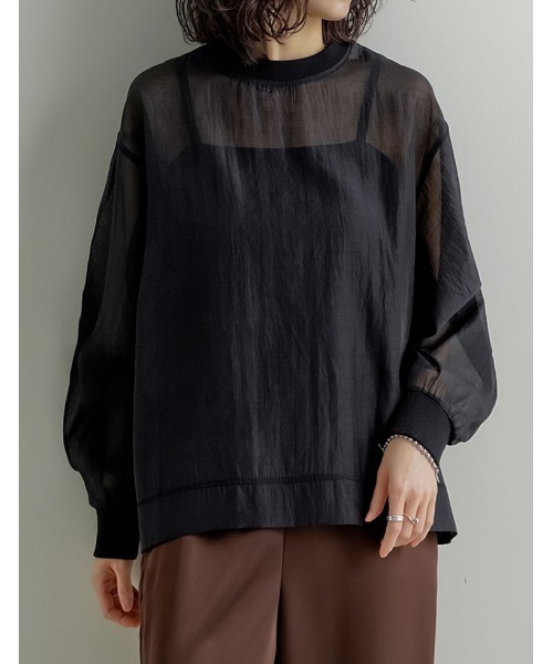 Re:EDIT（リエディ）の「[2026S/S COLLECTION]ソフトオーガンジーアウトステッチシアーリブプルオーバー（Tシャツ/カットソー・レディース・グレイッシュベージュ/アイボリー/ブラック・LARGE/MEDIUM）」の7枚目の写真