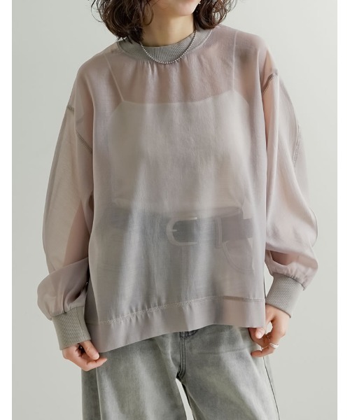 Re:EDIT（リエディ）の「[2026S/S COLLECTION]ソフトオーガンジーアウトステッチシアーリブプルオーバー（Tシャツ/カットソー・レディース・グレイッシュベージュ/アイボリー/ブラック・LARGE/MEDIUM）」の11枚目の写真