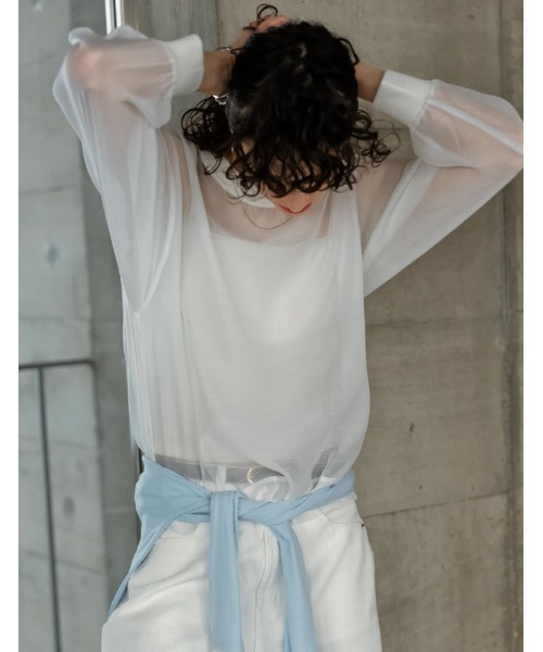 Re:EDIT（リエディ）の「[2026S/S COLLECTION]ソフトオーガンジーアウトステッチシアーリブプルオーバー（Tシャツ/カットソー・レディース・グレイッシュベージュ/アイボリー/ブラック・LARGE/MEDIUM）」の15枚目の写真