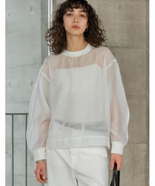 Re:EDIT（リエディ）の「[2026S/S COLLECTION]ソフトオーガンジーアウトステッチシアーリブプルオーバー（Tシャツ/カットソー・レディース・グレイッシュベージュ/アイボリー/ブラック・LARGE/MEDIUM）」の16枚目の写真