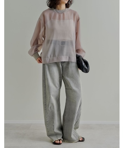 Re:EDIT（リエディ）の「[2026S/S COLLECTION]ソフトオーガンジーアウトステッチシアーリブプルオーバー（Tシャツ/カットソー・レディース・グレイッシュベージュ/アイボリー/ブラック・LARGE/MEDIUM）」の8枚目の写真
