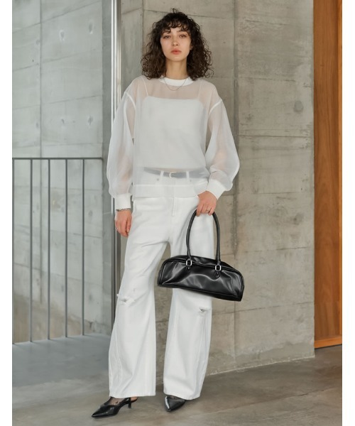 Re:EDIT（リエディ）の「[2026S/S COLLECTION]ソフトオーガンジーアウトステッチシアーリブプルオーバー（Tシャツ/カットソー・レディース・グレイッシュベージュ/アイボリー/ブラック・LARGE/MEDIUM）」の12枚目の写真