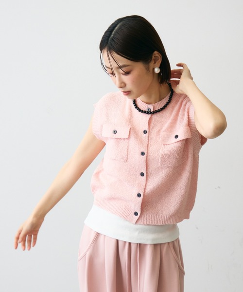 Trish（トリッシュ）の「ガーター編みポケット付きベスト（ベスト・レディース・ピンク/ベージュ・MEDIUM）」の5枚目の写真