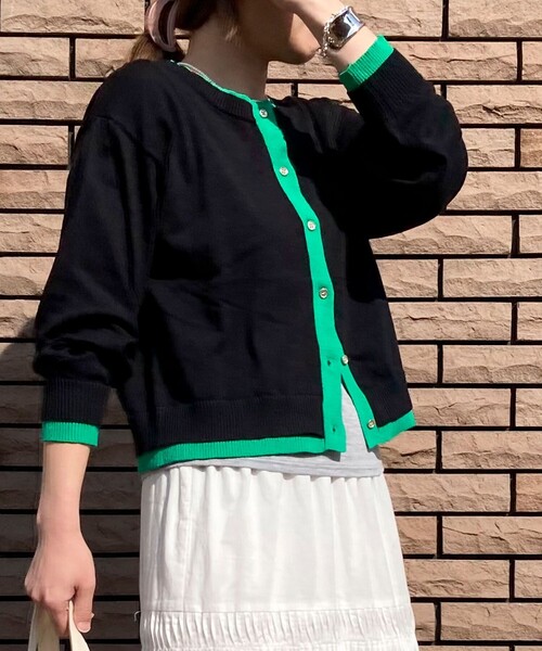 fredy couleur（フレディクルール）の「配色レイヤード風カーディガン（ニット/セーター・レディース・オフホワイト/ブラック/ピンク/ブラウン・38）」の8枚目の写真