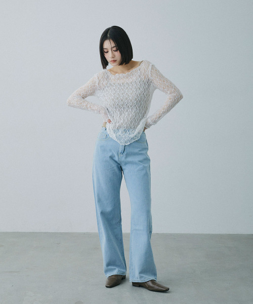 Mirette(ミレット)の「ウエストアジャスト セミワイドブルーデニム / Waist-Adjustable Semi-Wide Blue Denim Jeans(デニムパンツ・レディース・ブルー/ライトブルー・SMALL/LARGE/MEDIUM)」の8枚目の写真