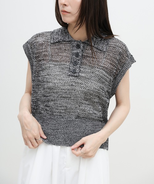 select MOCA(セレクトモカ)の「ノースリーブメッシュニットポロ(ニット/セーター・レディース・モカ/ベージュ/カーキ/ブラック・FREE)」の1枚目の写真