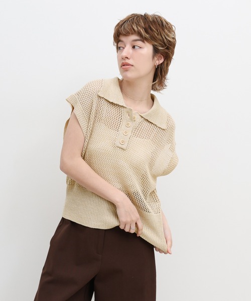 select MOCA(セレクトモカ)の「ノースリーブメッシュニットポロ(ニット/セーター・レディース・モカ/ベージュ/カーキ/ブラック・FREE)」の6枚目の写真