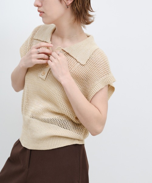 select MOCA(セレクトモカ)の「ノースリーブメッシュニットポロ(ニット/セーター・レディース・モカ/ベージュ/カーキ/ブラック・FREE)」の5枚目の写真
