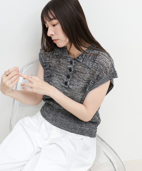 select MOCA(セレクトモカ)の「ノースリーブメッシュニットポロ(ニット/セーター・レディース・モカ/ベージュ/カーキ/ブラック・FREE)」の10枚目の写真