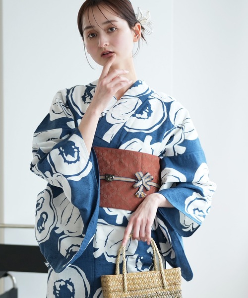 手染め注染浴衣3点セット utatane×注染工房 赤坂紬 青藍に南瓜