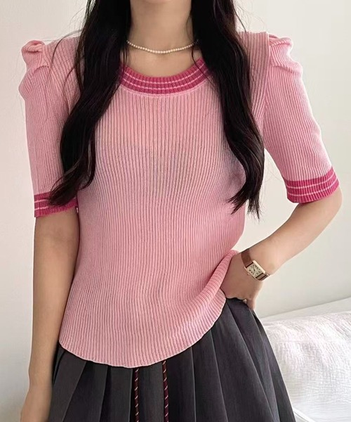 Ada.(エイダ)の「【Mellfy】バイカラー ダブルライン リブニット 半袖 トップス(Tシャツ/カットソー・レディース・ホワイト/ブラック/ピンク・FREE)」の3枚目の写真