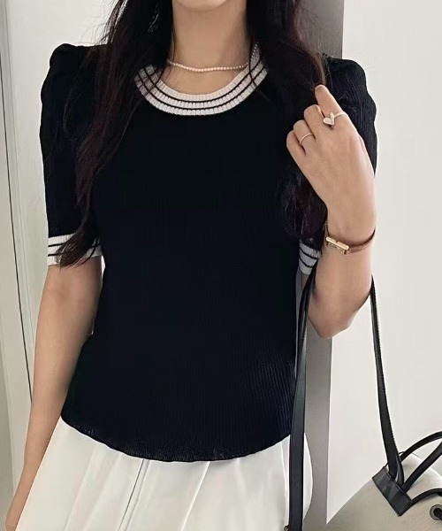 Ada.(エイダ)の「【Mellfy】バイカラー ダブルライン リブニット 半袖 トップス(Tシャツ/カットソー・レディース・ホワイト/ブラック/ピンク・FREE)」の2枚目の写真