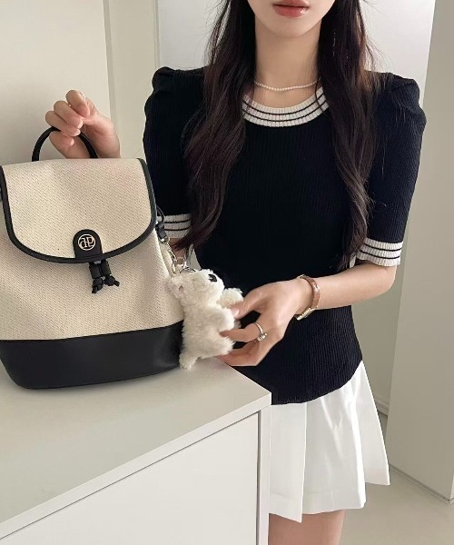 Ada.(エイダ)の「【Mellfy】バイカラー ダブルライン リブニット 半袖 トップス(Tシャツ/カットソー・レディース・ホワイト/ブラック/ピンク・FREE)」の7枚目の写真