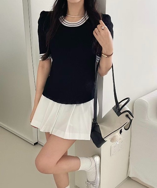 Ada.(エイダ)の「【Mellfy】バイカラー ダブルライン リブニット 半袖 トップス(Tシャツ/カットソー・レディース・ホワイト/ブラック/ピンク・FREE)」の8枚目の写真