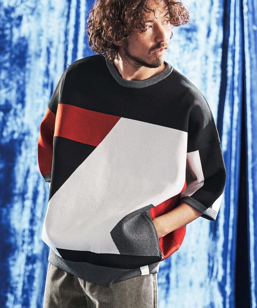 ANGENEHM(アンゲネーム)の「mn3235- Panel Jacquard Airy Knit Crew ニット(AG06-001scg)(ニット/セーター・メンズ・ネイビー/チャコール/キナリ/ブラック・S/L/M)」の16枚目の写真