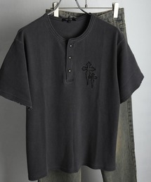 ピグメント加工 ヘンリーネック ワッフルTシャツ 半袖 クロス刺繍