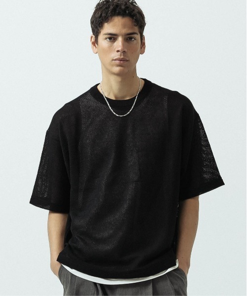 SLICK(スリック)の「【SLICK/スリック】Linen Mix Sheer Mesh Knit T-Shirt/リネンミックス シアーメッシュニットTシャツ(ニット/セーター・メンズ・ブラック/ブルー/ブラウン/キナリ・1/2/3)」の1枚目の写真