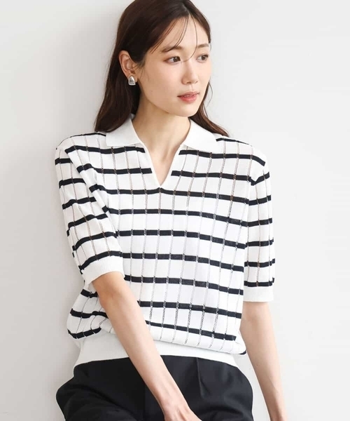 MK MICHEL KLEIN（エムケーミッシェルクラン）の「[洗える]衿付きスキッパーデザインニット（ニット/セーター・レディース・ホワイト系その他/ベージュ系その他/ブラック・38）」の2枚目の写真