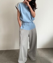コンビネーション キャップスリーブトップス × ハイウエストワイドパンツ セットアップ
