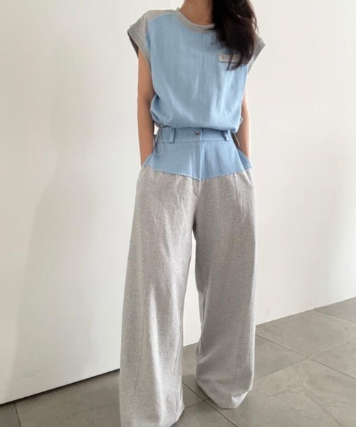 semplice(センプリチェ)の「コンビネーション キャップスリーブトップス × ハイウエストワイドパンツ セットアップ(セットアップ・レディース・ブルー/ブラック・F)」の11枚目の写真