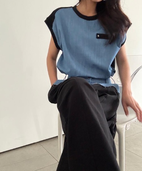 semplice(センプリチェ)の「コンビネーション キャップスリーブトップス × ハイウエストワイドパンツ セットアップ(セットアップ・レディース・ブルー/ブラック・F)」の3枚目の写真