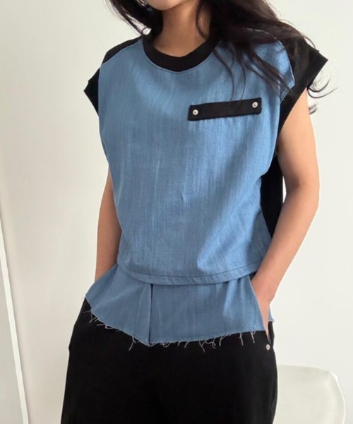 semplice(センプリチェ)の「コンビネーション キャップスリーブトップス × ハイウエストワイドパンツ セットアップ(セットアップ・レディース・ブルー/ブラック・F)」の5枚目の写真