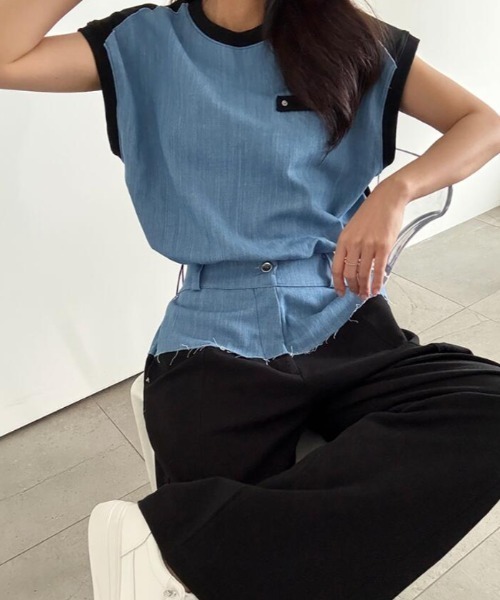 semplice(センプリチェ)の「コンビネーション キャップスリーブトップス × ハイウエストワイドパンツ セットアップ(セットアップ・レディース・ブルー/ブラック・F)」の8枚目の写真