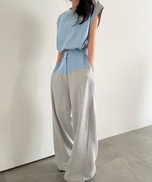 semplice(センプリチェ)の「コンビネーション キャップスリーブトップス × ハイウエストワイドパンツ セットアップ(セットアップ・レディース・ブルー/ブラック・F)」の9枚目の写真