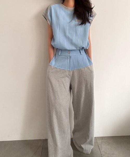 semplice(センプリチェ)の「コンビネーション キャップスリーブトップス × ハイウエストワイドパンツ セットアップ(セットアップ・レディース・ブルー/ブラック・F)」の12枚目の写真