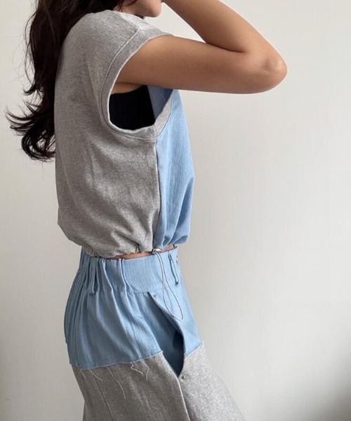 semplice(センプリチェ)の「コンビネーション キャップスリーブトップス × ハイウエストワイドパンツ セットアップ(セットアップ・レディース・ブルー/ブラック・F)」の16枚目の写真