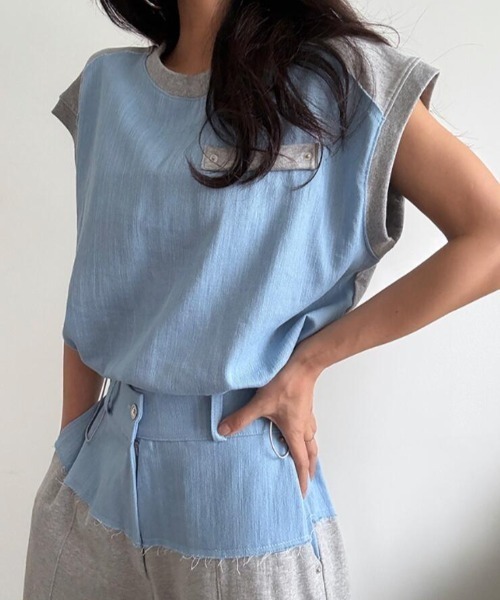 semplice(センプリチェ)の「コンビネーション キャップスリーブトップス × ハイウエストワイドパンツ セットアップ(セットアップ・レディース・ブルー/ブラック・F)」の18枚目の写真