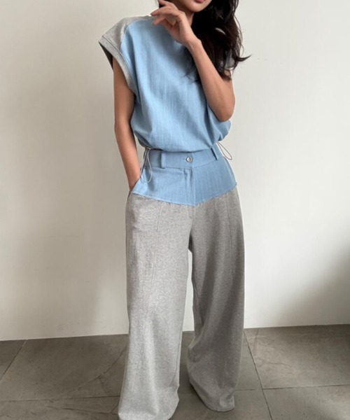 semplice(センプリチェ)の「コンビネーション キャップスリーブトップス × ハイウエストワイドパンツ セットアップ(セットアップ・レディース・ブルー/ブラック・F)」の19枚目の写真