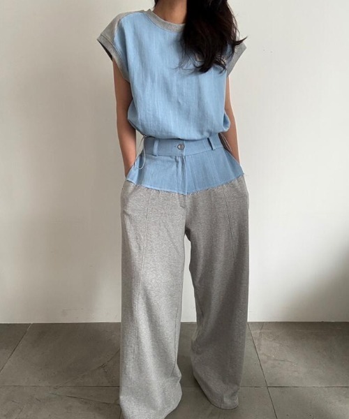 semplice(センプリチェ)の「コンビネーション キャップスリーブトップス × ハイウエストワイドパンツ セットアップ(セットアップ・レディース・ブルー/ブラック・F)」の21枚目の写真