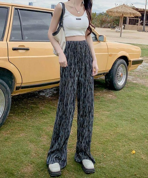 SEU（エスイーユー）の「【低身長さん向け】ニュアンス柄プリーツワイドパンツ（スラックス・レディース・ブラック/アイボリー/ブルーグリーン・フリー）」の20枚目の写真