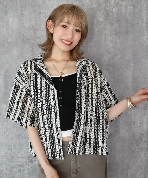 CECIL McBEE（セシルマクビー）の「透かし編み風ゆるシルエット５分袖ジャケット（テーラードジャケット・レディース・ブラウン/オフホワイト・MEDIUM/LARGE）」の15枚目の写真