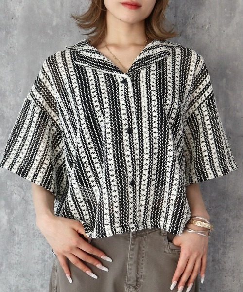 CECIL McBEE（セシルマクビー）の「透かし編み風ゆるシルエット５分袖ジャケット（テーラードジャケット・レディース・ブラウン/オフホワイト・MEDIUM/LARGE）」の14枚目の写真