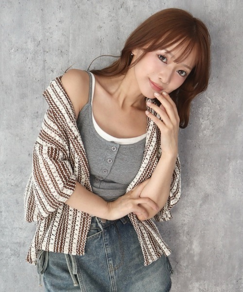 CECIL McBEE（セシルマクビー）の「透かし編み風ゆるシルエット５分袖ジャケット（テーラードジャケット・レディース・ブラウン/オフホワイト・MEDIUM/LARGE）」の6枚目の写真