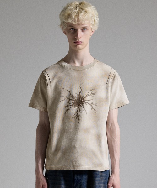 GRANCY(�O�����V�[)�́yGRANCY�zRhinestone Crack Dirty Half-sleeve T-Shirt / ���C���X�g�[���N���b�N�_�[�e�B����T�V���c(T�V���c/�J�b�g�\�[)
