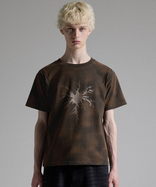 GRANCY】Rhinestone Crack Dirty Half-sleeve T-Shirt / ライン
