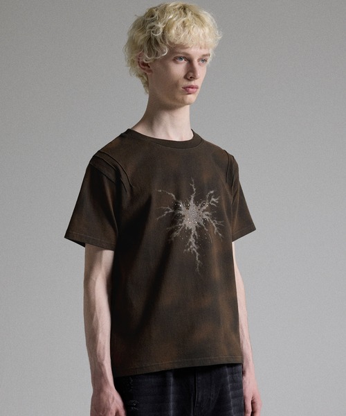 GRANCY 黒 S スカルラインストーンデザインtシャツ 半袖 T グランシー GRANCY】Rhinestone Crack Dirty Half-sleeve T-Shirt / ライン