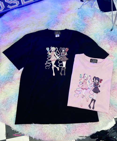 Magia Charm(マギアチャーム)の「超てんちゃん&あめちゃん描き下ろしTシャツ(Tシャツ/カットソー・レディース・ピンク/ブラック・F)」の5枚目の写真