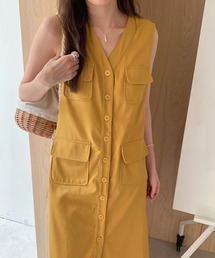 フロントボタン ノースリーブポケットロングワンピース レディース