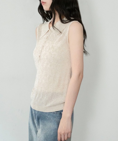 on:nue（オンニュ）の「【on:nue】[着用動画あり！] シアーポロノースリーブサマーニット（ニット/セーター・レディース・ベージュ/グレー/アイボリー・FREE）」の3枚目の写真